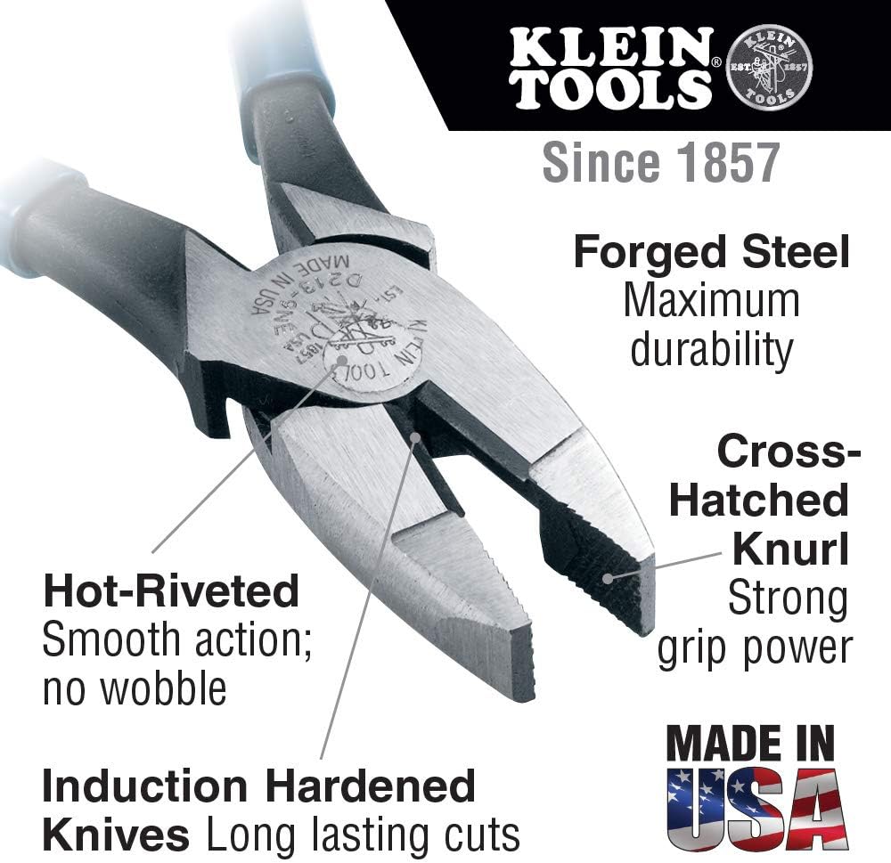 Klein Tools D213-9NE Pliers, Made in USA, 9-Inch Side Cutters, High Leverage Linesman Pliers Cut Copper, Aluminum and other Soft Metals